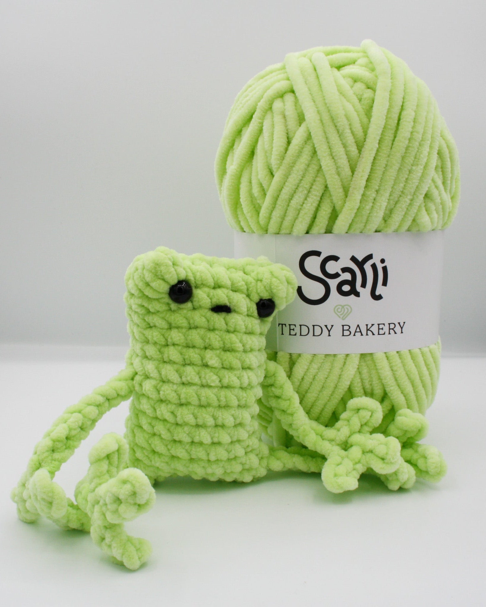 skein lime green chenille plush yarn amigurumi crochet frog plushie teddy bakery scarli