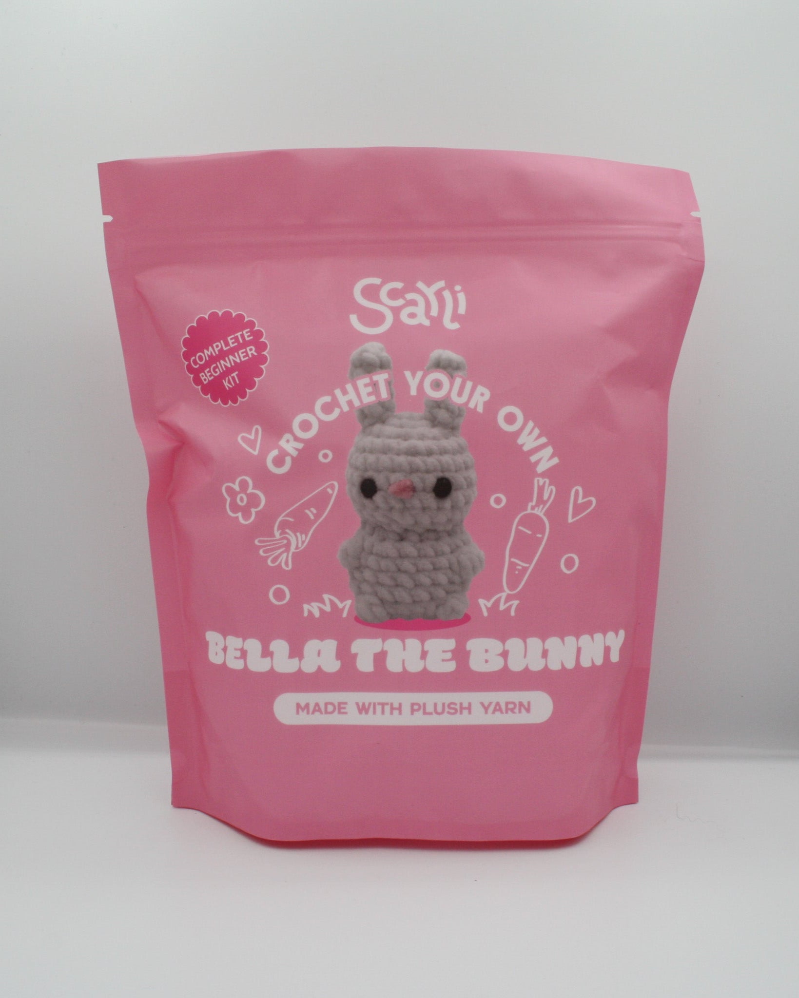 beginner crochet kit Bella the bunny made with chenille yarn