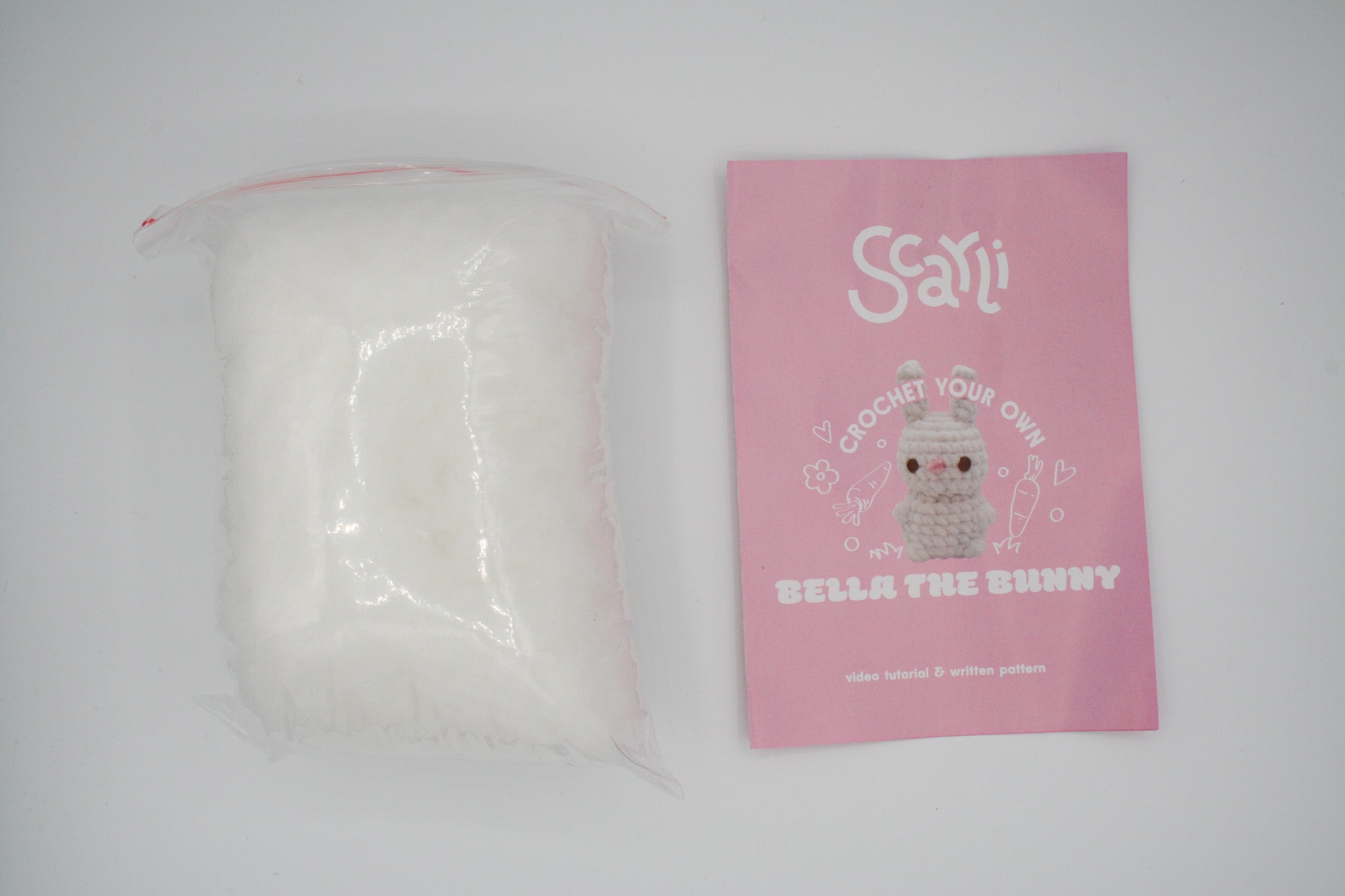 beginner crochet kit Bella the bunny pamphlet written and video tutorials and stuffing.