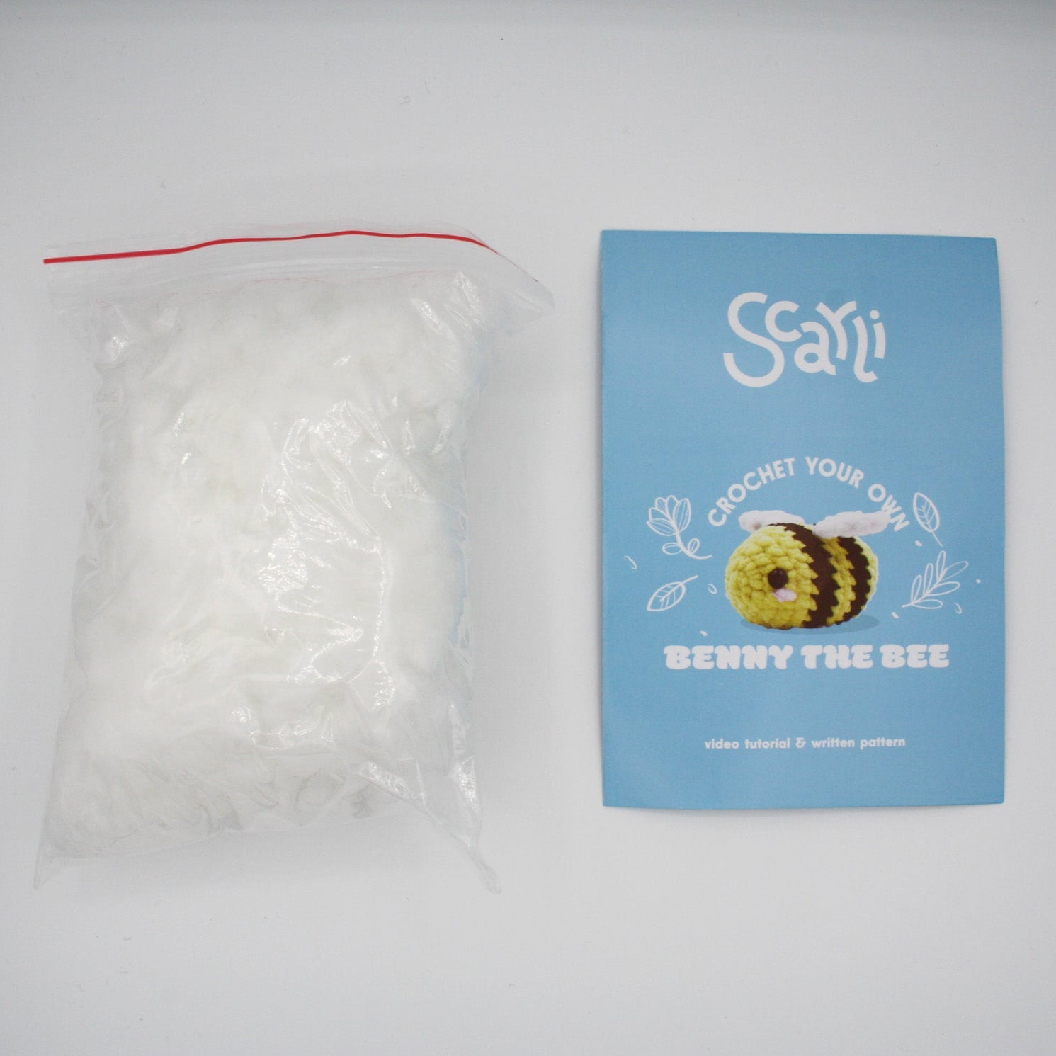 beginner crochet kit stuffing and pamphlet with video and written tutorial for benny the bee