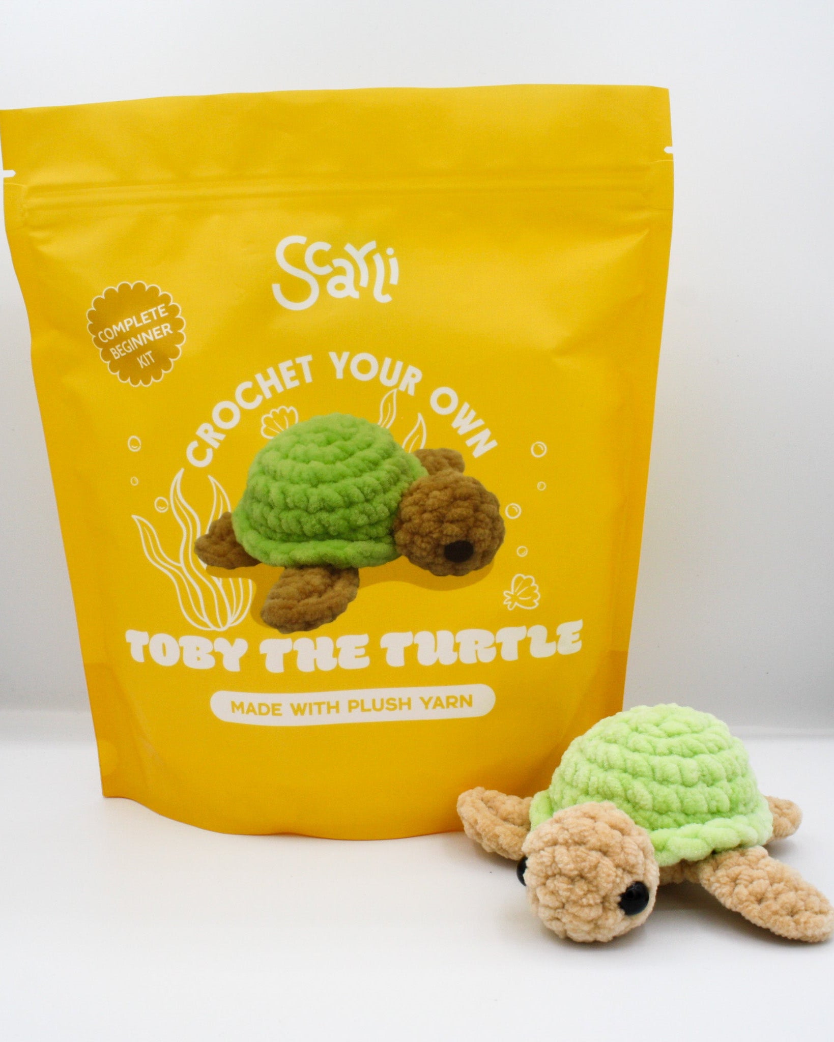 Beginner crochet kit toby the turtle amigurumi plushie with chenille yarn