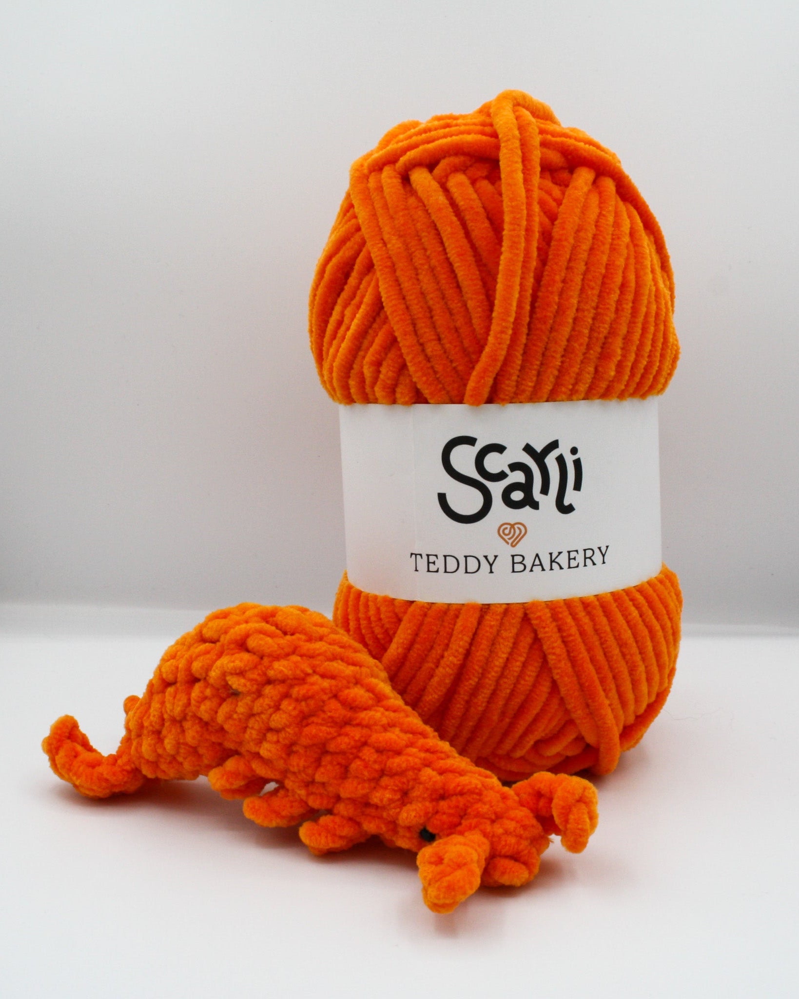 skein of orange chenille plush yarn amigurumi crochet prawn plushie mango
