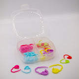 clover quick locking stitch markers. Small, medium and large size4d plastic stitch markers for crochet and knitting. Colours pink, green, blue, red, purple and yellow. Includes box for storage