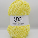 skein of yellow chenille plush yarn teddy bakery scarli daffodil