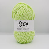 skein of lime green chenille plush yarn scarli teddy bakery