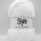 Teddy Bakery chenille yarn in shade snow pure white. Soft chunky plush yarn