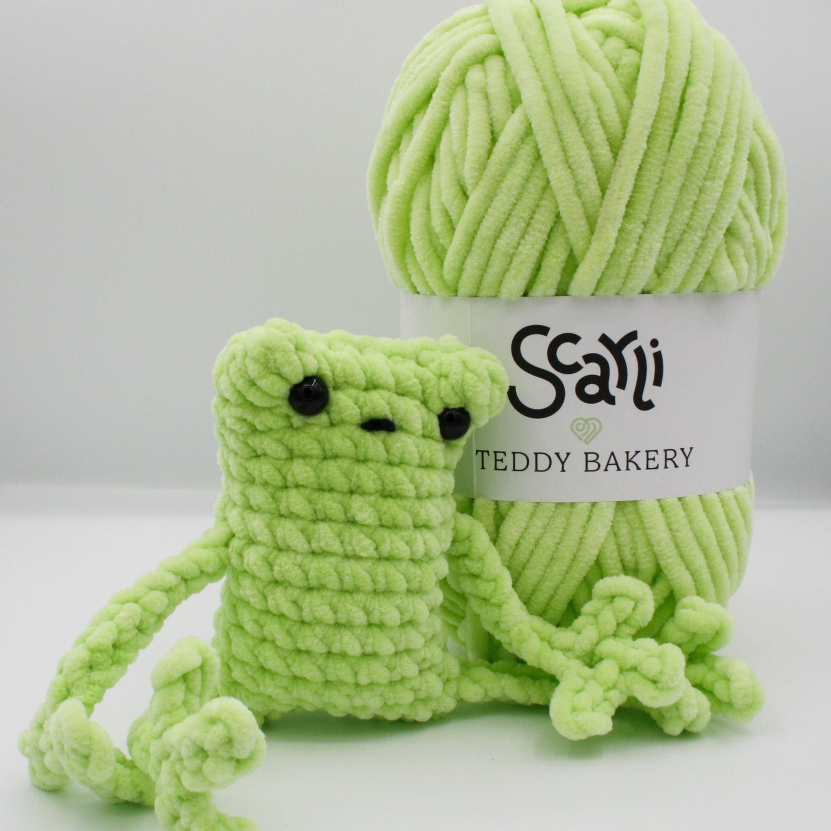 skein lime green chenille plush yarn amigurumi crochet frog plushie teddy bakery scarli