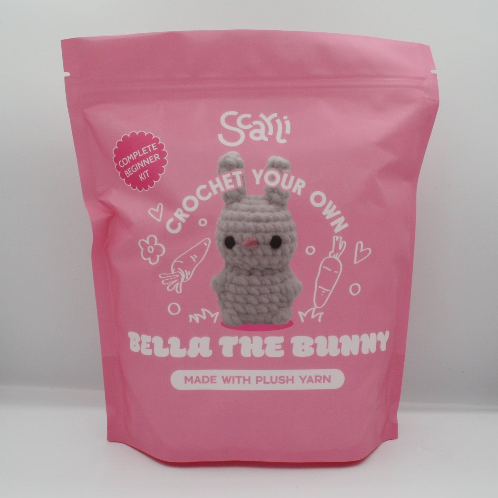 beginner crochet kit Bella the bunny made with chenille yarn