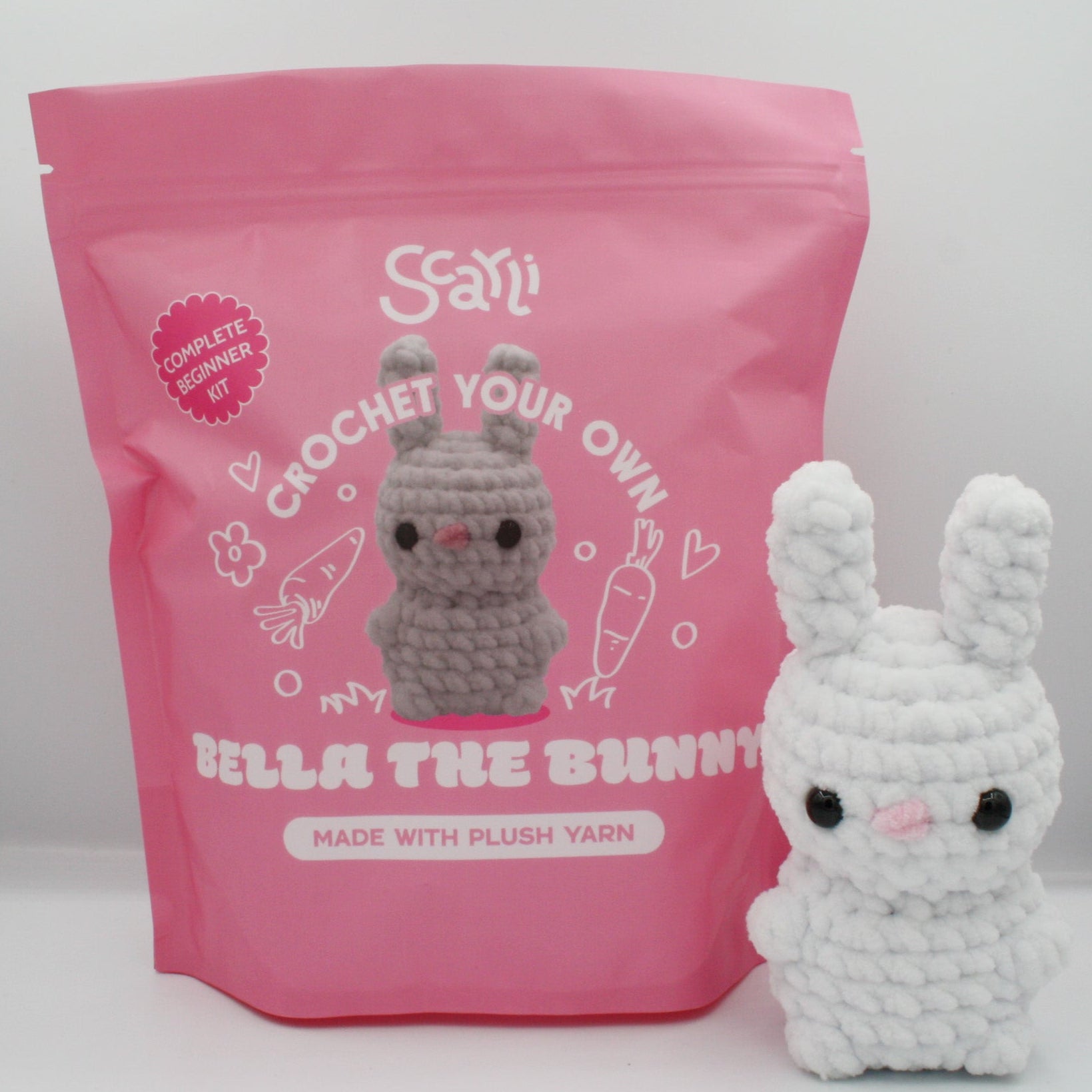 beginner crochet kit Bella the bunny amigurumi made with chenille yarn