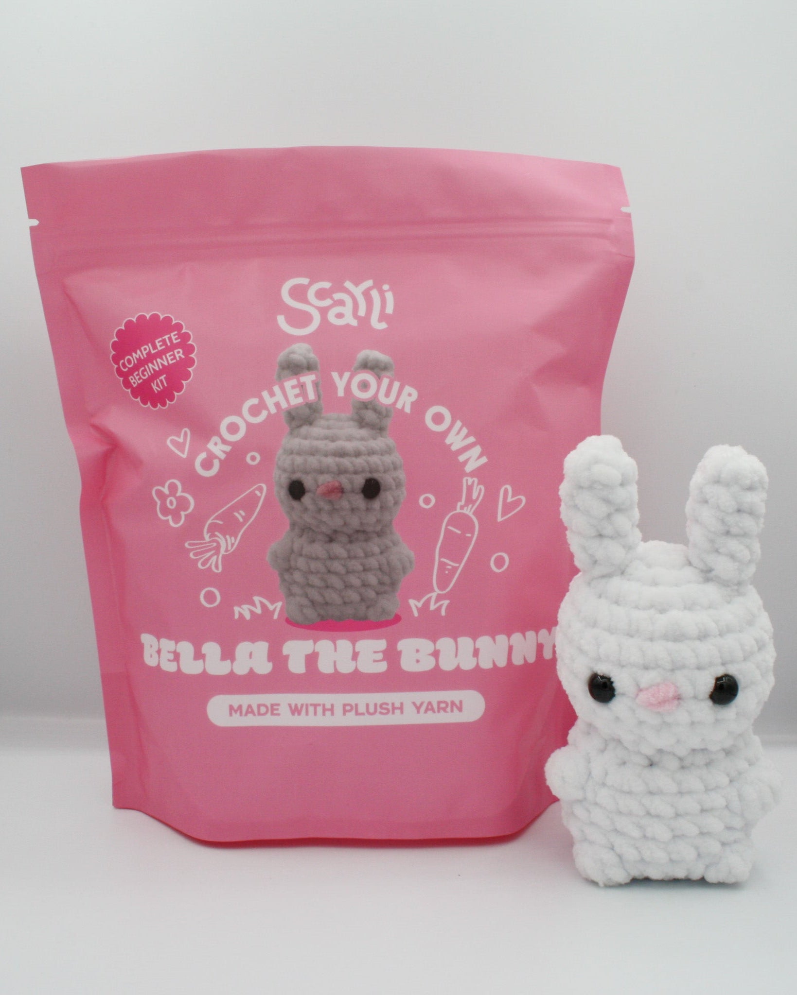 beginner crochet kit Bella the bunny amigurumi made with chenille yarn