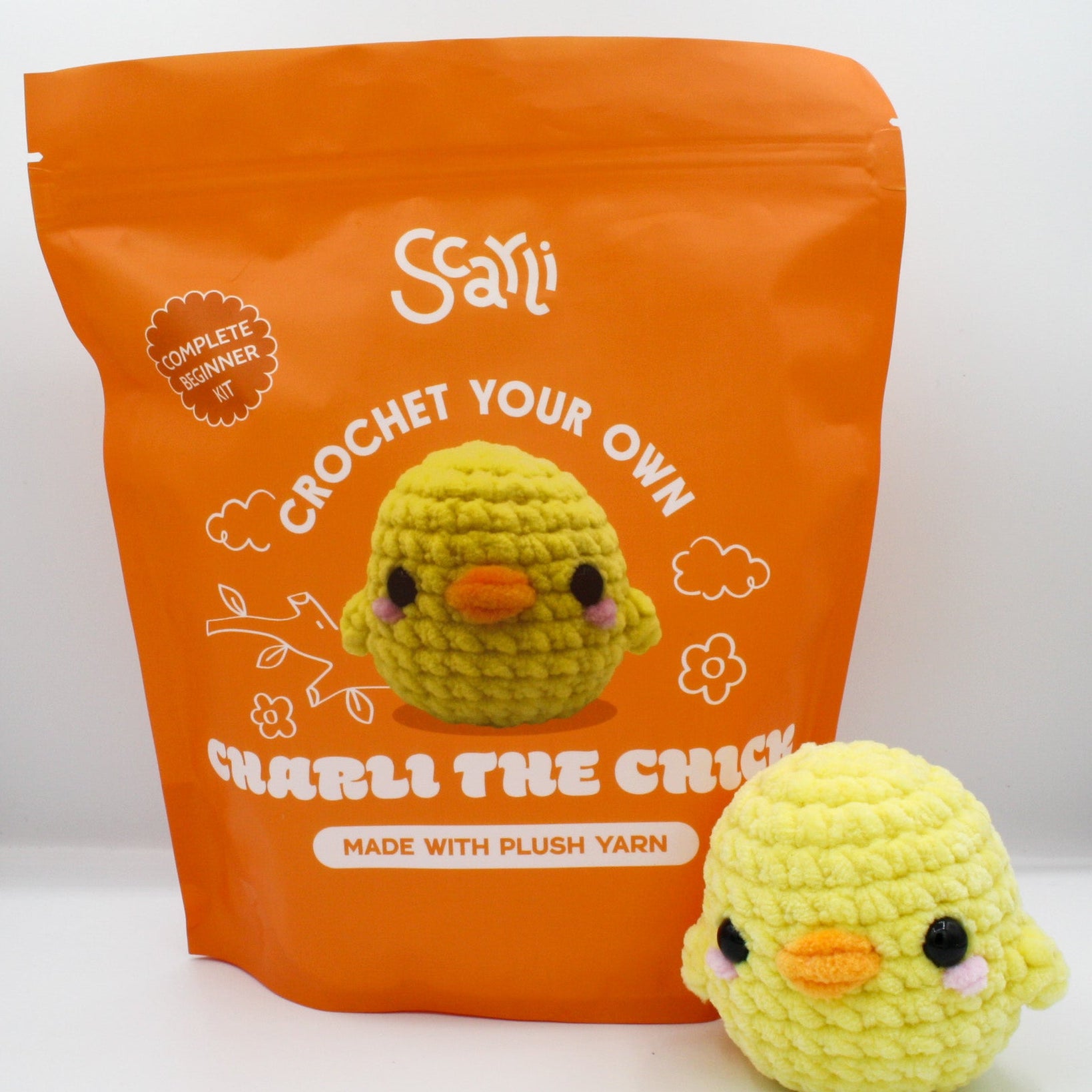 beginner crochet kit Charli the chick made with plush chenille yarn