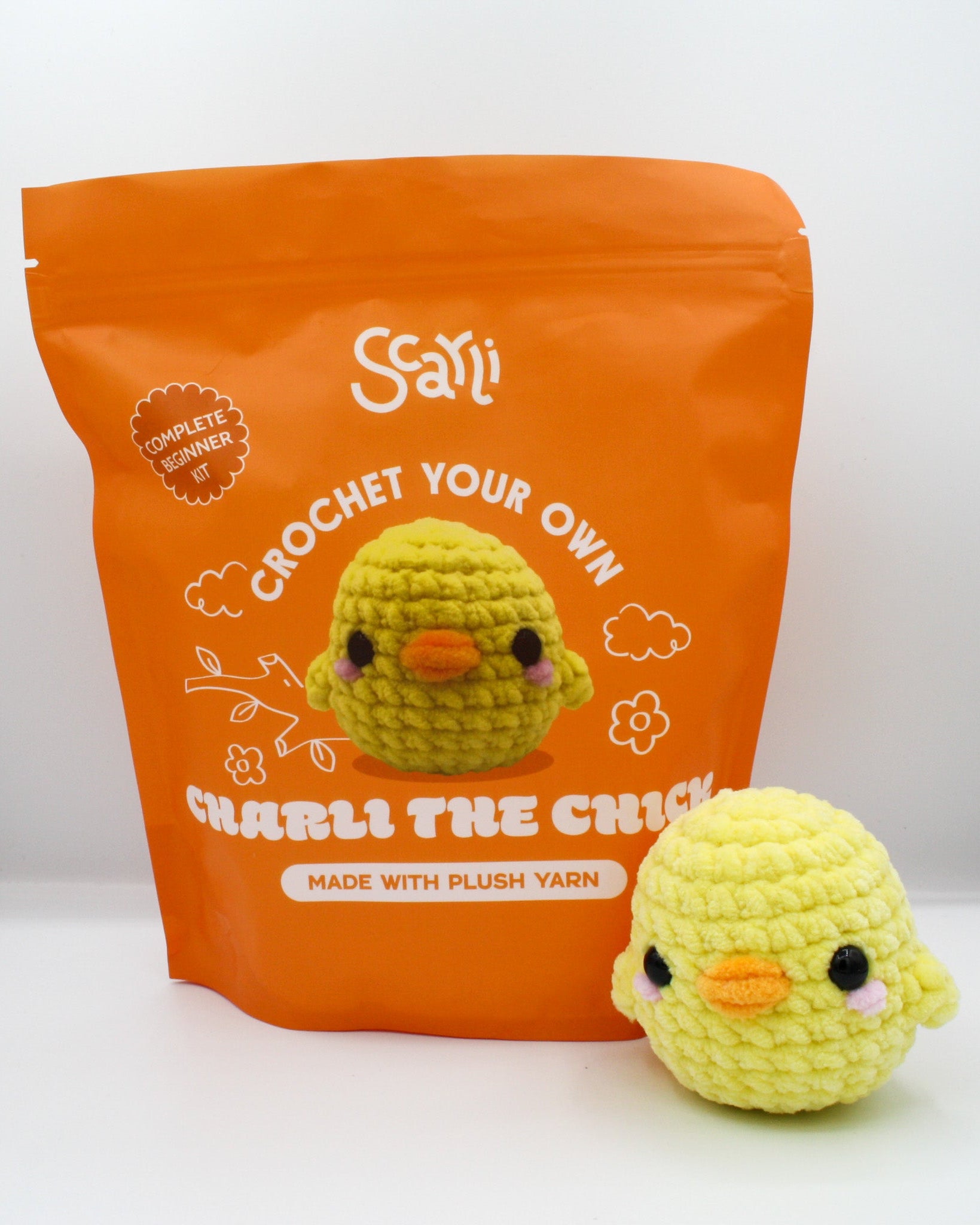 beginner crochet kit Charli the chick made with plush chenille yarn