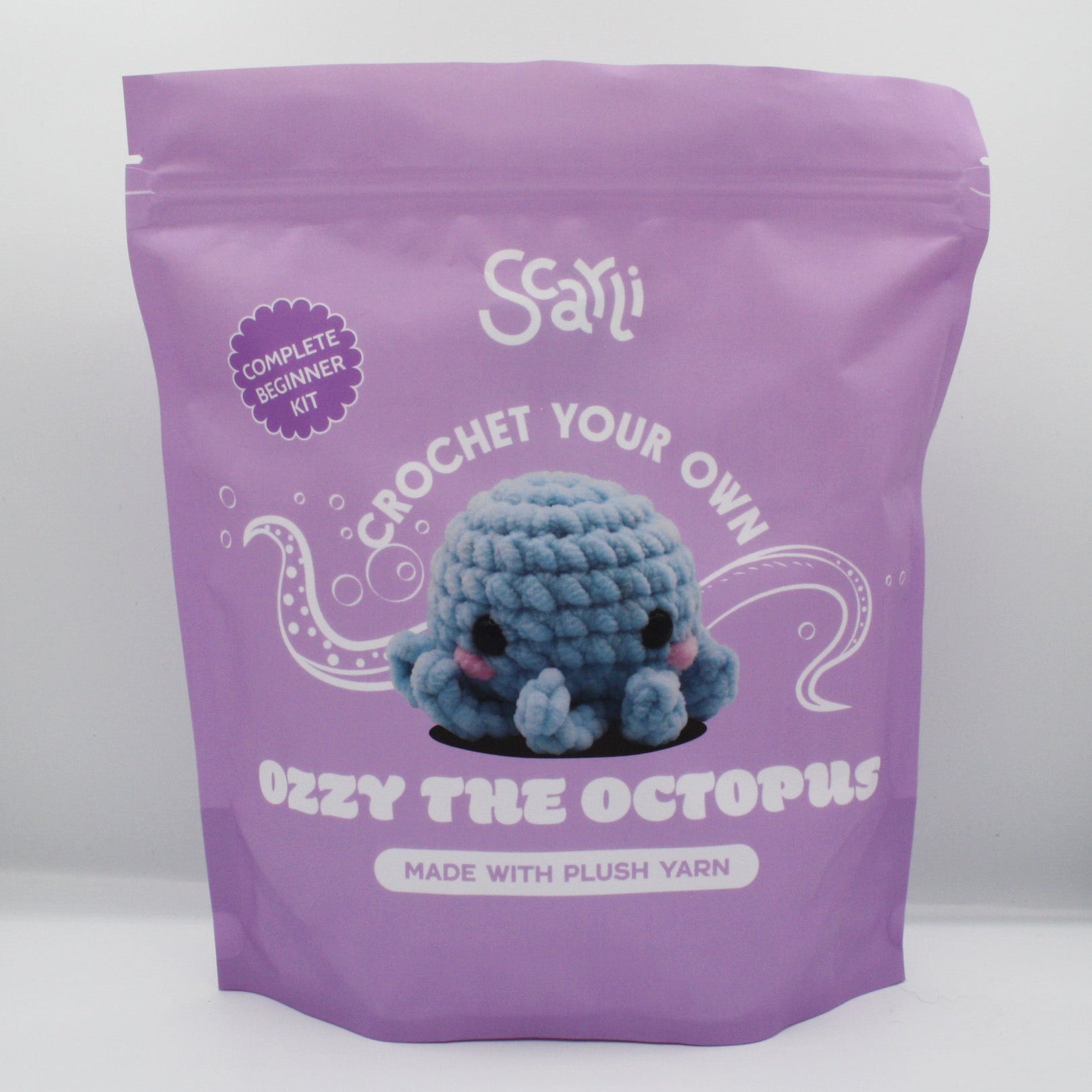 beginner crochet kit Ozzy the octopus made with plush yarn
