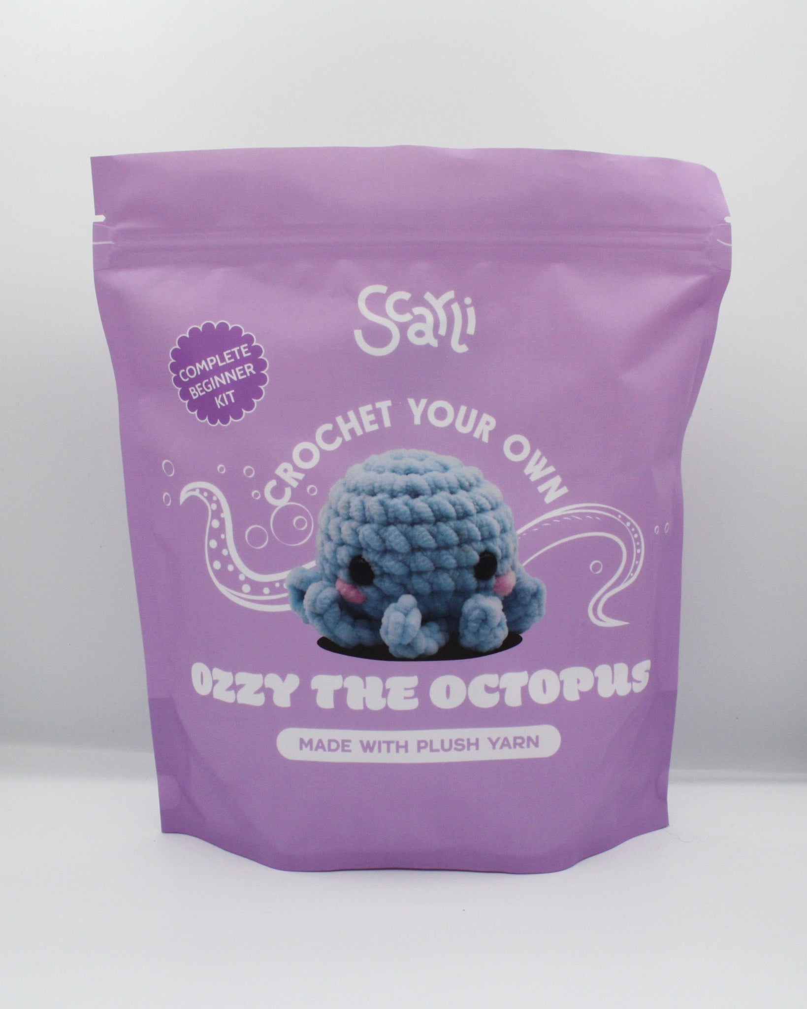 beginner crochet kit Ozzy the octopus made with plush yarn