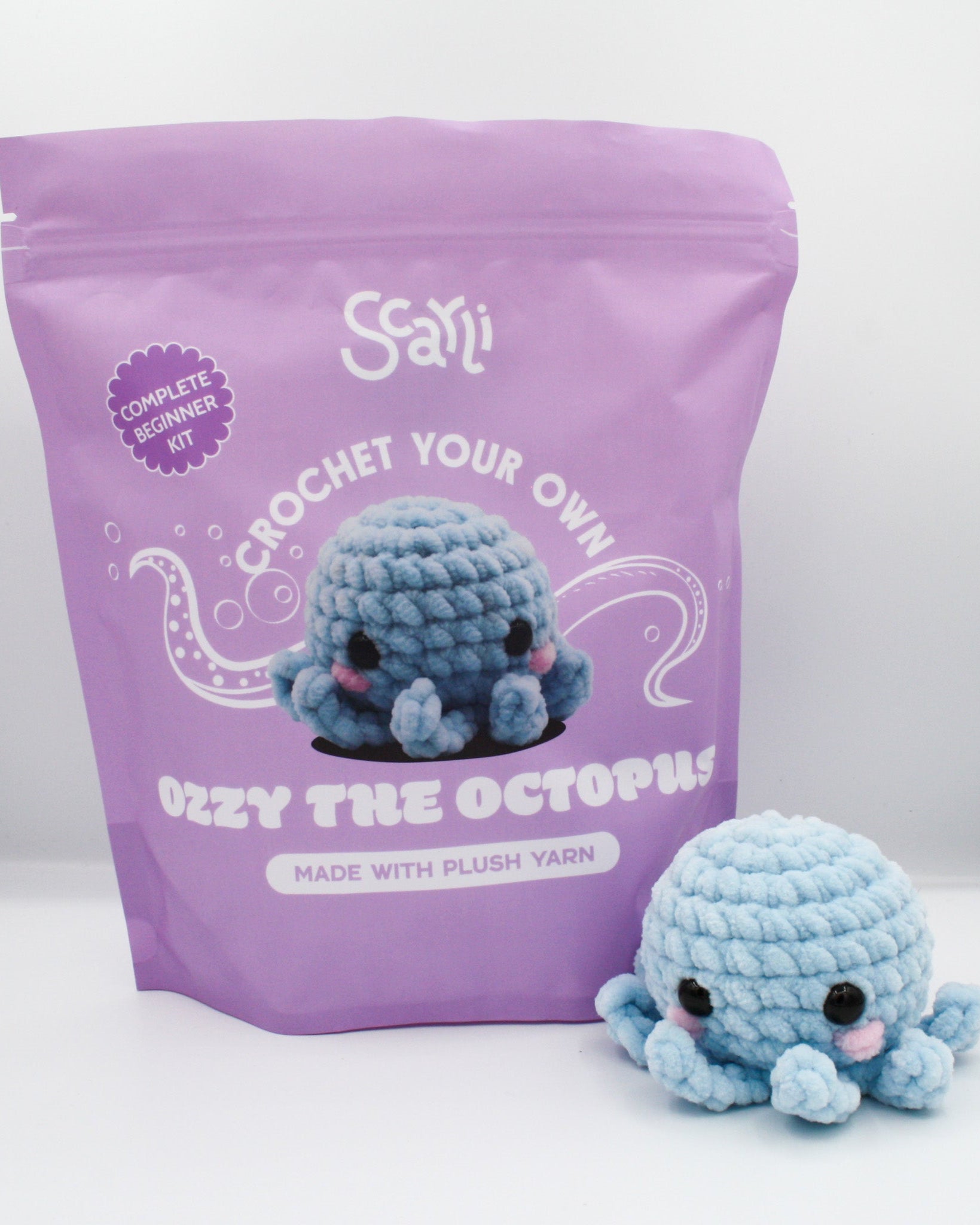 beginner crochet kit Ozzy the octopus amigurumi made with plush yarn
