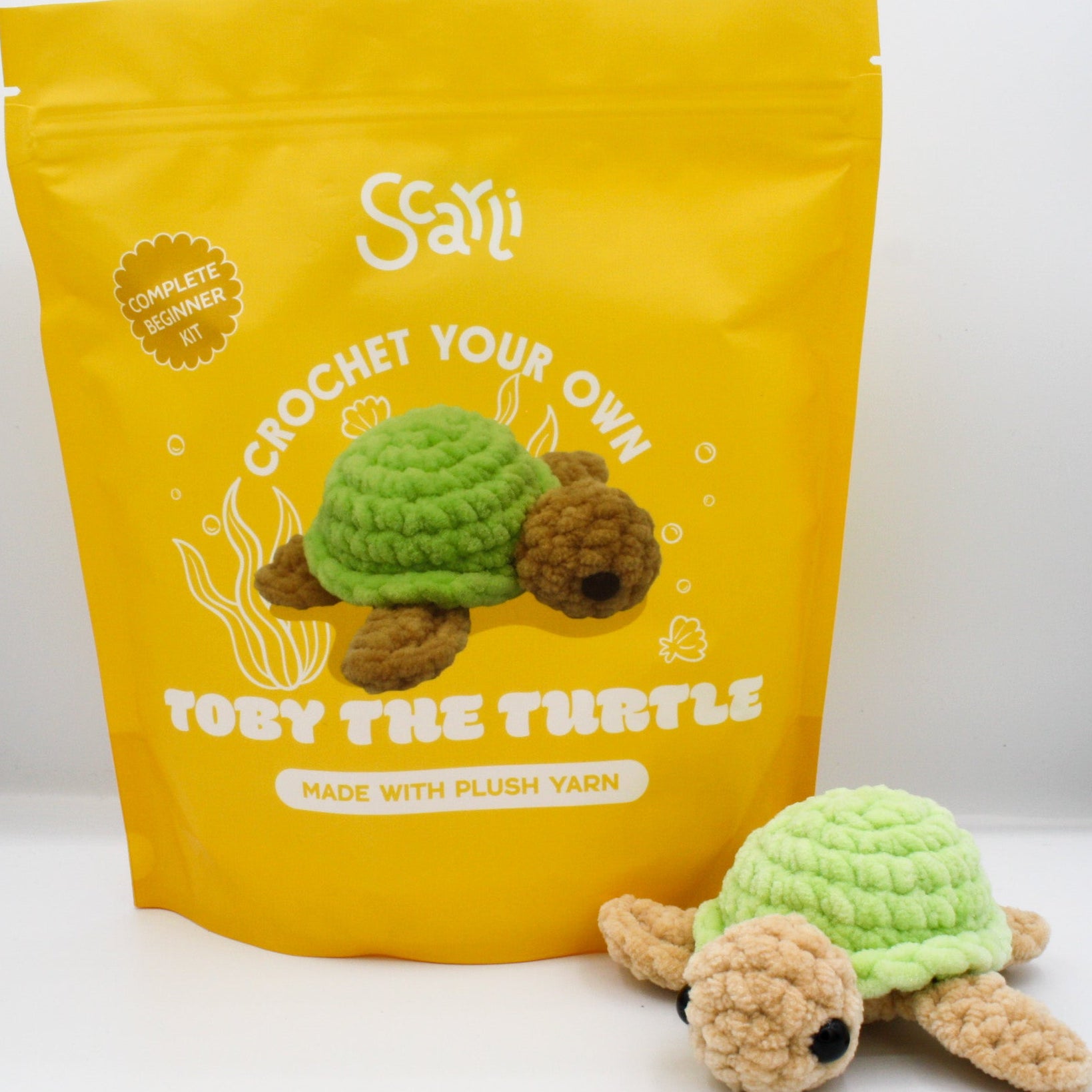 Beginner crochet kit toby the turtle amigurumi plushie with chenille yarn
