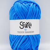 Teddy Bakery chenille yarn in shade sapphire bright blue. Soft chunky plush yarn