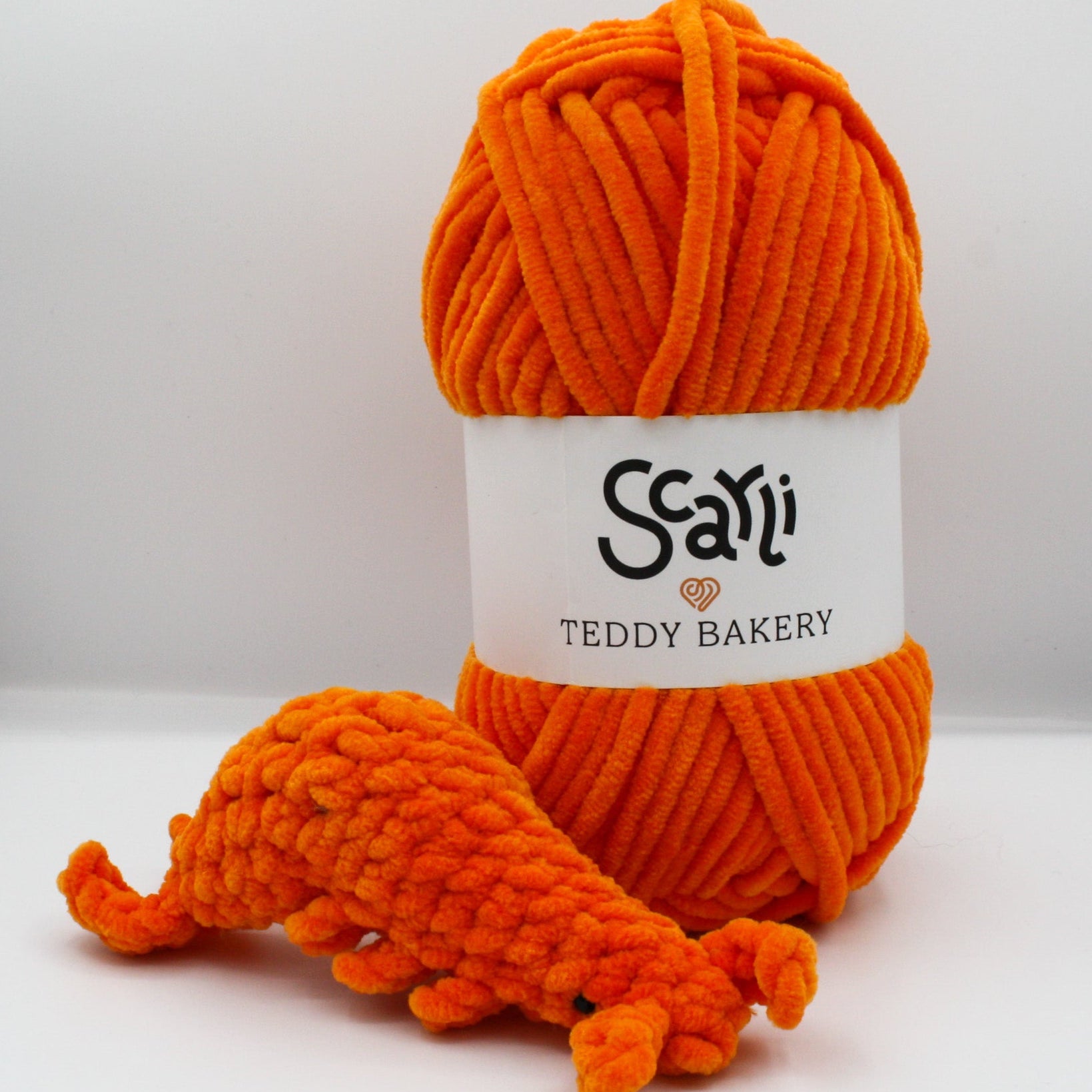 skein of orange chenille plush yarn amigurumi crochet prawn plushie mango 