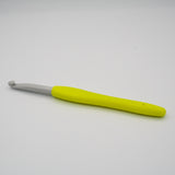 clover amour crochet hook in size 7mm. Plastic hook with yellow soft ergonomic handle for comfortable grip and use.