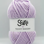 Teddy Bakery chenille yarn in shade lilac light pastel purple. Soft chunky plush yarn