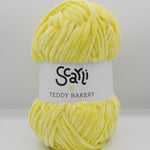 skein of yellow chenille plush yarn teddy bakery scarli daffodil