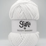 Teddy Bakery chenille yarn in shade snow pure white. Soft chunky plush yarn