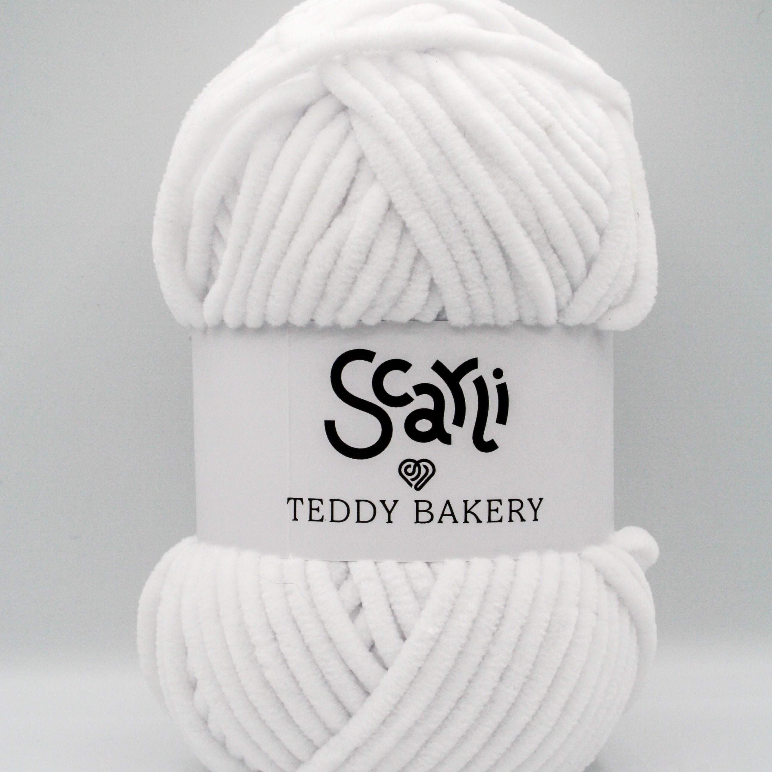 Teddy Bakery chenille yarn in shade snow pure white. Soft chunky plush yarn